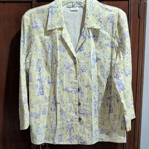 Sharon Young Yellow and Blue Toile Button-Down Shirt
